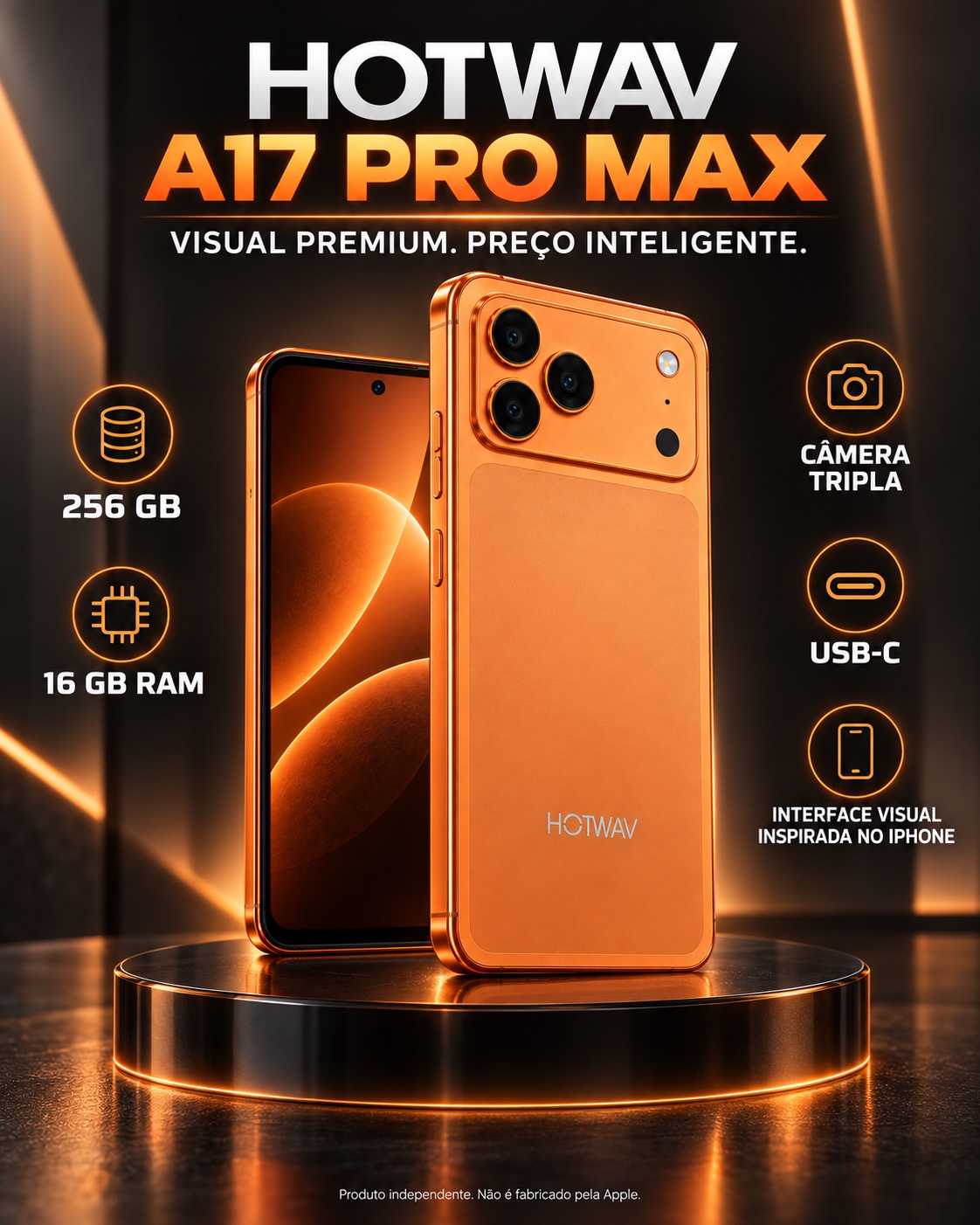 Arte promocional do HOTWAV A17 Pro Max laranja com destaques de memória, câmeras e conexão