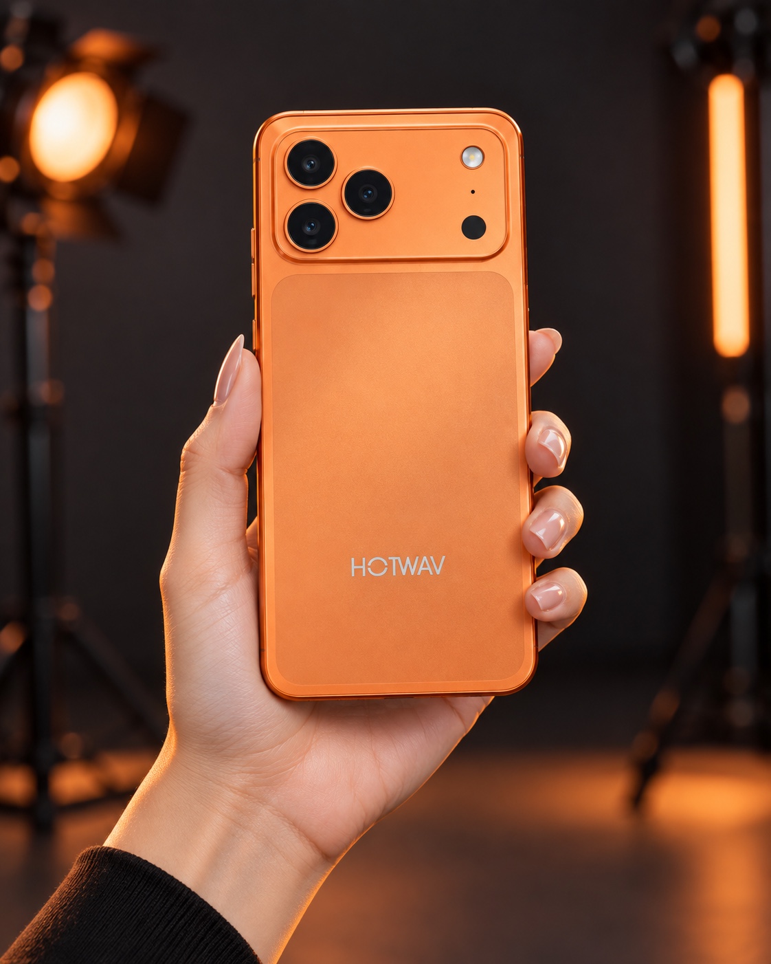 HOTWAV A17 Pro Max laranja sendo apresentado em um estúdio com iluminação quente